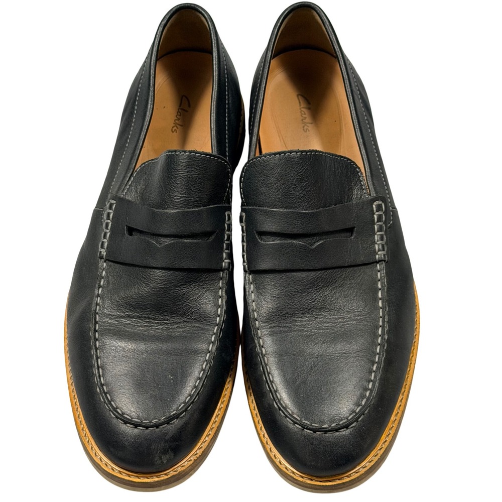 Clarks Penny Loafers Mens 11.5 Black Leather Slip On Toe Casual Shoes Minimal